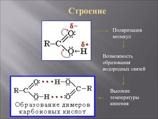 Строение Поляризация молекул Возможность образования водородных связей Высокие температуры кипения