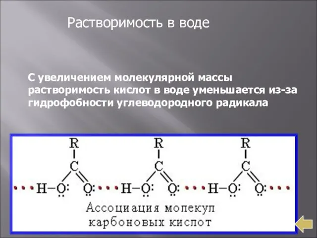 Растворимость в воде С увеличением молекулярной массы растворимость кислот в воде уменьшается из-за гидрофобности углеводородного радикала