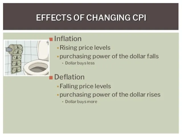 Inflation Rising price levels purchasing power of the dollar falls Dollar