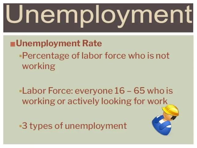 Unemployment Rate Percentage of labor force who is not working Labor