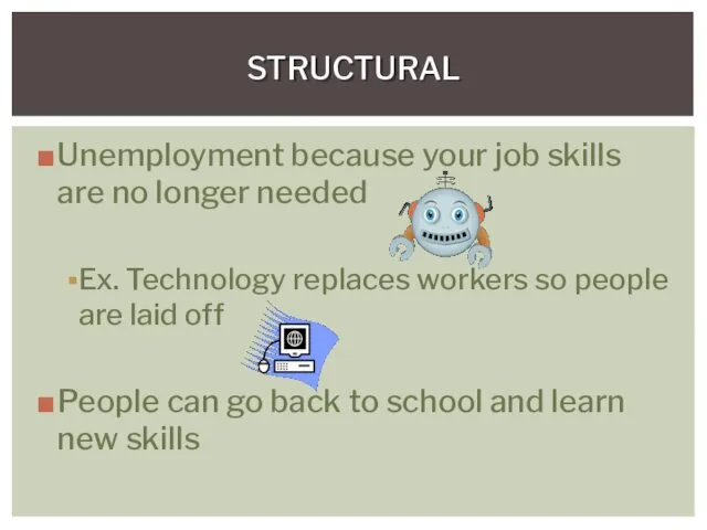Unemployment because your job skills are no longer needed Ex. Technology