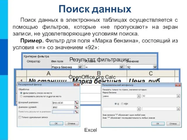 Поиск данных Поиск данных в электронных таблицах осуществляется с помощью фильтров,