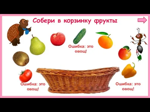 Собери в корзинку фрукты Ошибка: это овощ! Ошибка: это овощ! Ошибка: это овощ!