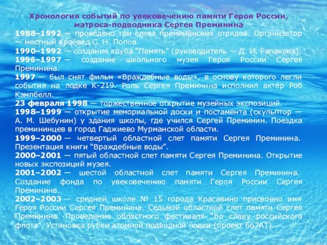 Хронология событий по увековечению памяти Героя России, матроса-подводника Сергея Преминина 1988–1992