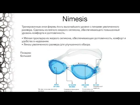 Nimesis Тренировочные очки фирмы Arena высочайшего уровня с линзами увеличенного размера.