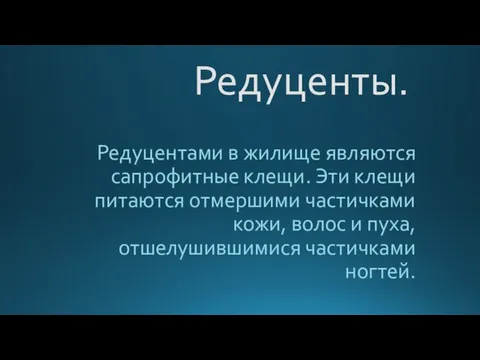 Редуценты. Редуцентами в жилище являются сапрофитные клещи. Эти клещи питаются отмершими