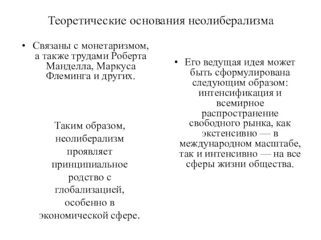 Теоретические основания неолиберализма Связаны с монетаризмом, а также трудами Роберта Манделла,