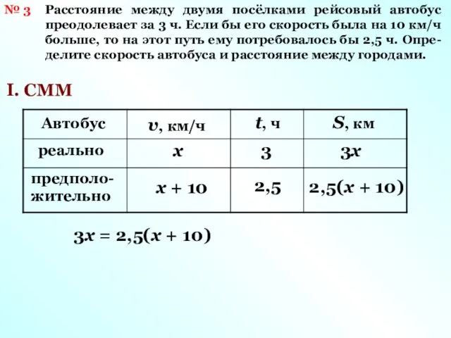 I. СММ v, км/ч Автобус предполо-жительно х х + 10 3