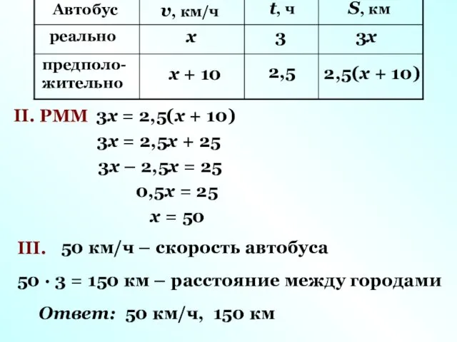 II. РММ III. 50 км/ч – скорость автобуса 50 · 3