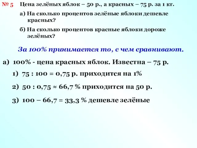 № 5 Цена зелёных яблок – 50 р., а красных –