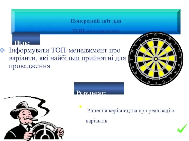 Інформувати ТОП-менеджмент про варіанти, які найбільш прийнятні для провадження Рішення керівництва