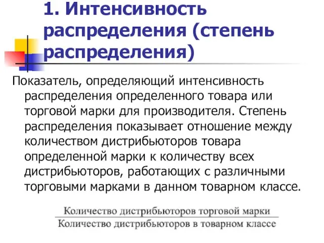 1. Интенсивность распределения (степень распределения) Показатель, определяющий интенсивность распределения определенного товара