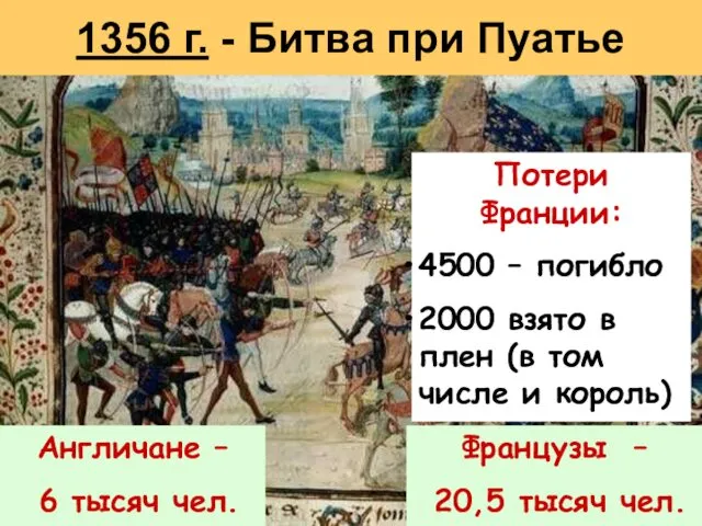 1356 г. - Битва при Пуатье Англичане – 6 тысяч чел.