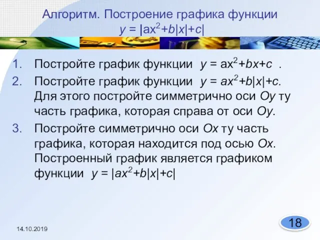 Алгоритм. Построение графика функции у = |ах2+b|х|+с| Постройте график функции у