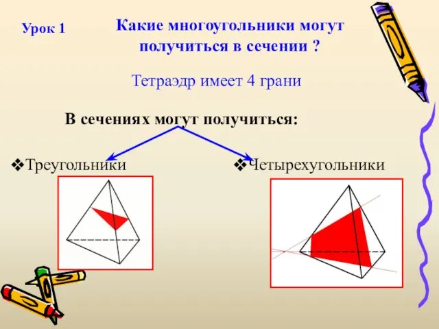 Какие многоугольники могут получиться в сечении ? Тетраэдр имеет 4 грани