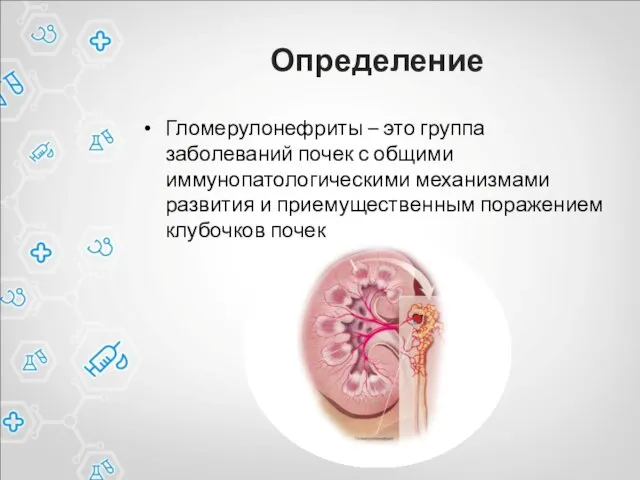 Определение Гломерулонефриты – это группа заболеваний почек с общими иммунопатологическими механизмами