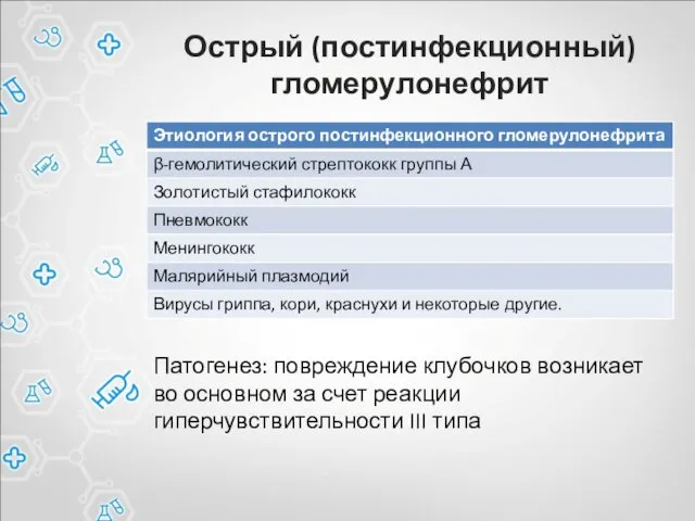 Острый (постинфекционный) гломерулонефрит Патогенез: повреждение клубочков возникает во основном за счет реакции гиперчувствительности III типа