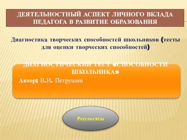 ДЕЯТЕЛЬНОСТНЫЙ АСПЕКТ ЛИЧНОГО ВКЛАДА ПЕДАГОГА В РАЗВИТИЕ ОБРАЗОВАНИЯ Диагностика творческих способностей