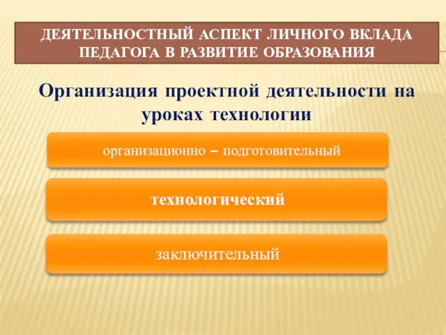 Организация проектной деятельности на уроках технологии ДЕЯТЕЛЬНОСТНЫЙ АСПЕКТ ЛИЧНОГО ВКЛАДА ПЕДАГОГА