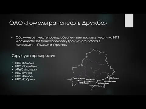 ОАО «Гомельтранснефть Дружба» Обслуживает нефтепровод, обеспечивает поставку нефти на НПЗ и