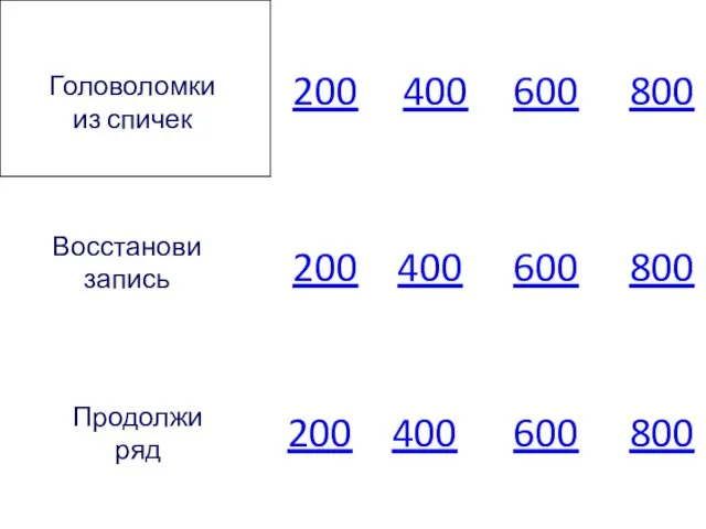 Головоломки из спичек Восстанови запись Продолжи ряд 200 200 200 400