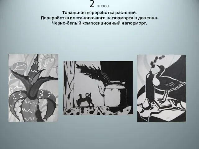 2 класс. Тональная переработка растений. Переработка постановочного натюрморта в два тона. Черно-белый композиционный натюрморт.