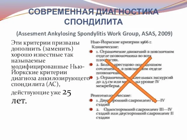 СОВРЕМЕННАЯ ДИАГНОСТИКА СПОНДИЛИТА (Assesment Ankylosing Spondylitis Work Group, ASAS, 2009) Эти