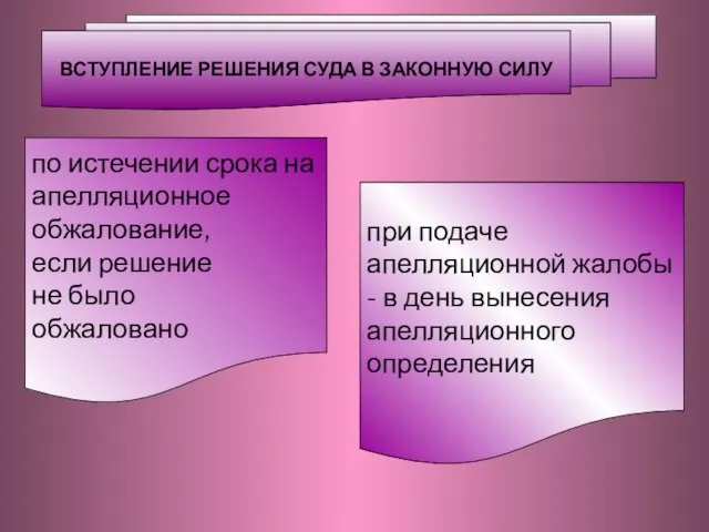 ВСТУПЛЕНИЕ РЕШЕНИЯ СУДА В ЗАКОННУЮ СИЛУ при подаче апелляционной жалобы -