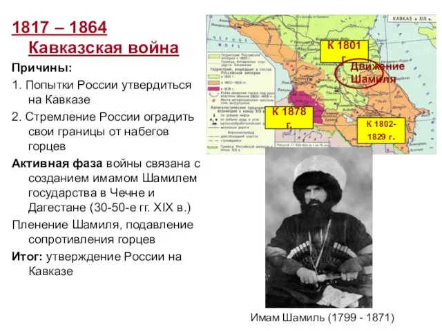 1817 – 1864 Кавказская война Причины: 1. Попытки России утвердиться на