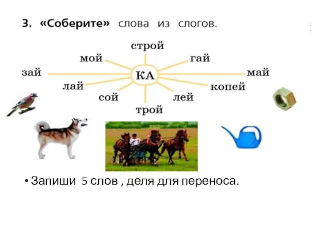 Запиши 5 слов , деля для переноса.