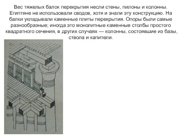 Вес тяжелых балок перекрытия несли стены, пилоны и колонны. Египтяне не