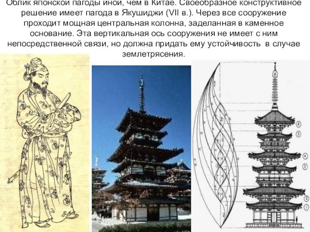 Облик японской пагоды иной, чем в Китае. Своеобразное конструктивное решение имеет