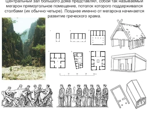 Центральный зал большого дома представлял, собой так называемый мегарон прямоугольное помещение,