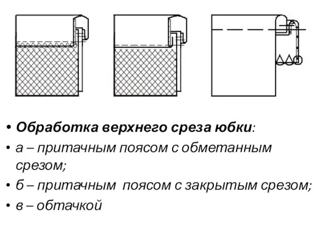 Обработка верхнего среза юбки: а – притачным поясом с обметанным срезом;