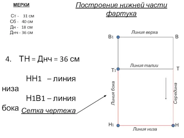 Построение нижней части фартука 4. ТН = Днч = 36 см