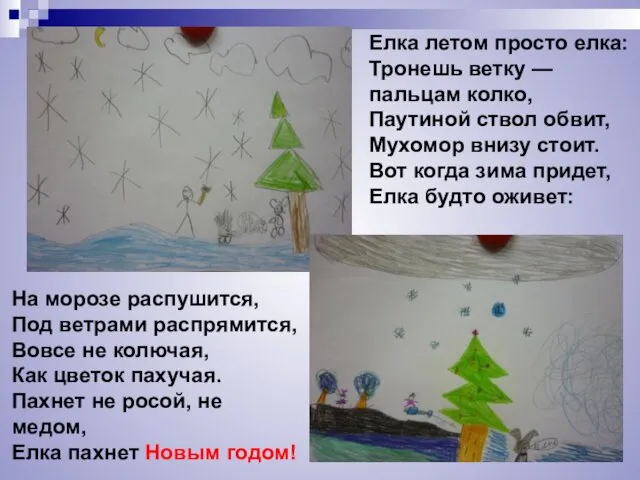 Елка летом просто елка: Тронешь ветку — пальцам колко, Паутиной ствол