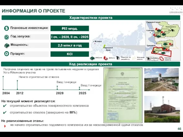 ИНФОРМАЦИЯ О ПРОЕКТЕ Характеристики проекта Плановые инвестиции: Год запуска: Мощность: ₽63