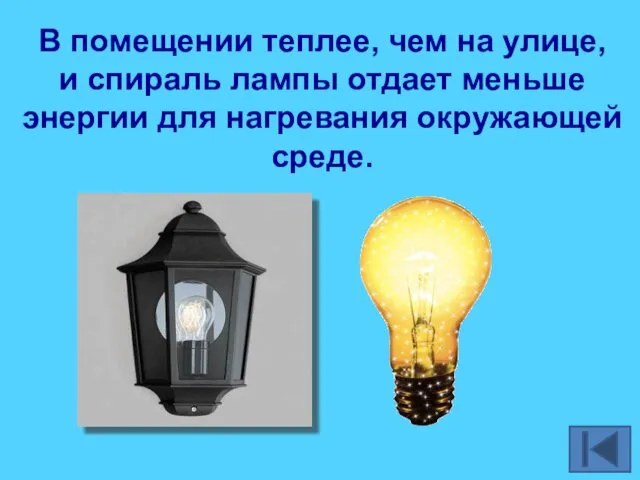 В помещении теплее, чем на улице, и спираль лампы отдает меньше энергии для нагревания окружающей среде.