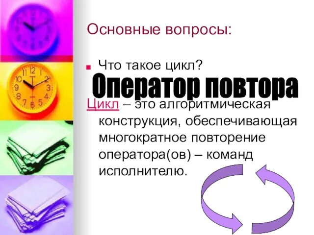 Основные вопросы: Что такое цикл? Цикл – это алгоритмическая конструкция, обеспечивающая