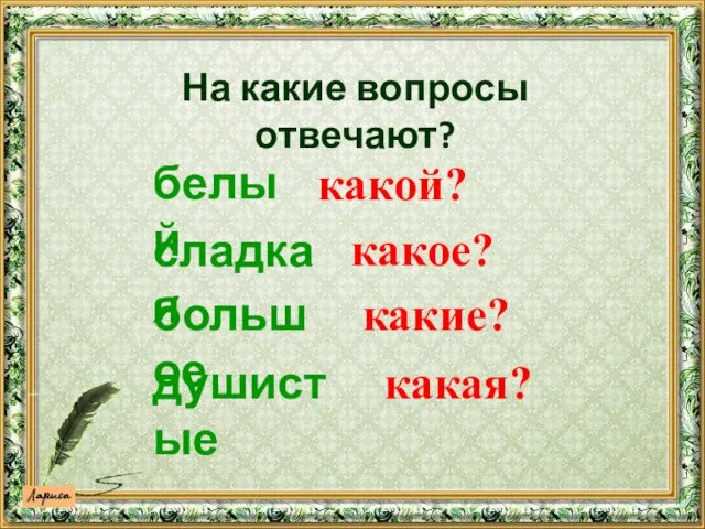 сладкая белый душистые большое какой? какое? какие? какая? На какие вопросы отвечают?