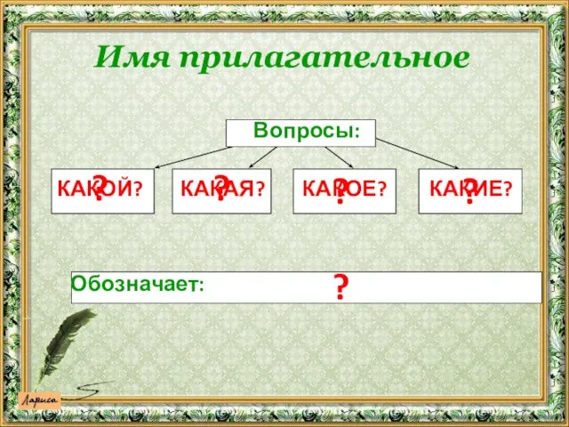 Обозначает: Вопросы: КАКОЙ? КАКАЯ? КАКОЕ? КАКИЕ? ? ? ? ? ? Имя прилагательное