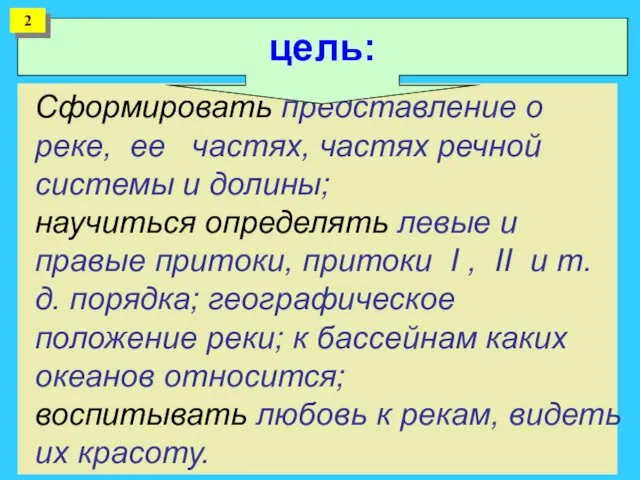 Сформировать представление о реке, ее частях, частях речной системы и долины;