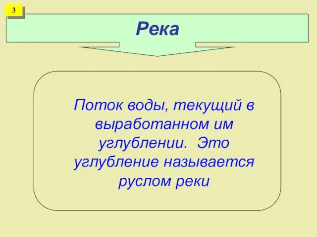 Река Поток воды, текущий в выработанном им углублении. Это углубление называется руслом реки 3