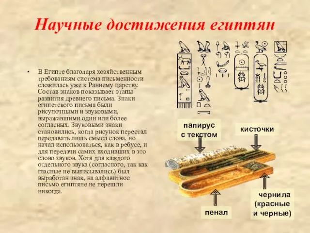 Научные достижения египтян В Египте благодаря хозяйственным требованиям система письменности сложилась