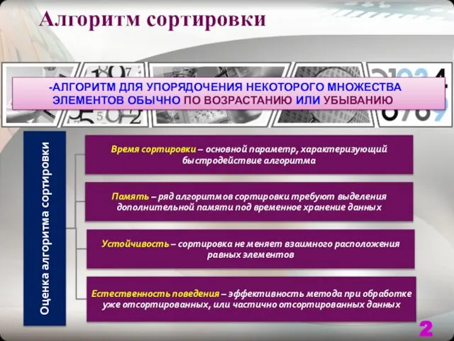 Алгоритм сортировки АЛГОРИТМ ДЛЯ УПОРЯДОЧЕНИЯ НЕКОТОРОГО МНОЖЕСТВА ЭЛЕМЕНТОВ ОБЫЧНО ПО ВОЗРАСТАНИЮ ИЛИ УБЫВАНИЮ