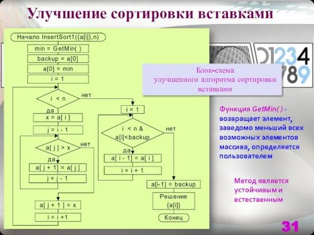 Улучшение сортировки вставками Функция GetMin( ) - возвращает элемент, заведомо меньший