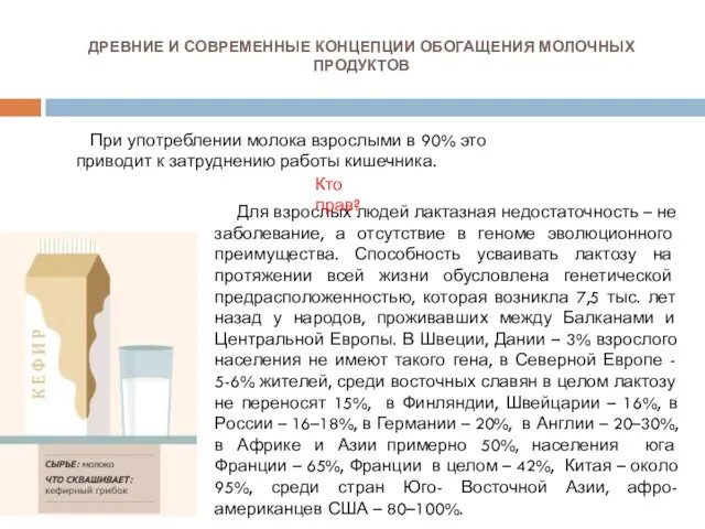 ДРЕВНИЕ И СОВРЕМЕННЫЕ КОНЦЕПЦИИ ОБОГАЩЕНИЯ МОЛОЧНЫХ ПРОДУКТОВ Для взрослых людей лактазная