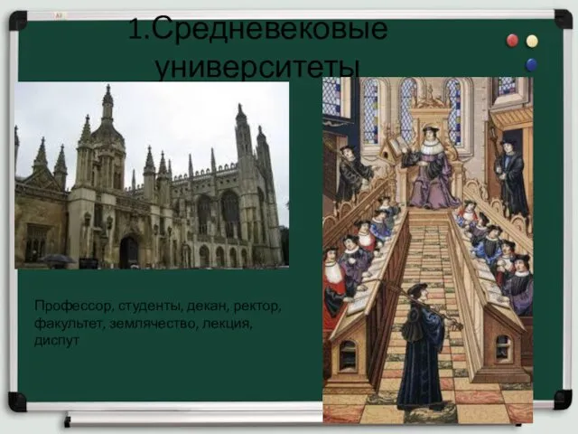 1.Средневековые университеты Профессор, студенты, декан, ректор, факультет, землячество, лекция, диспут