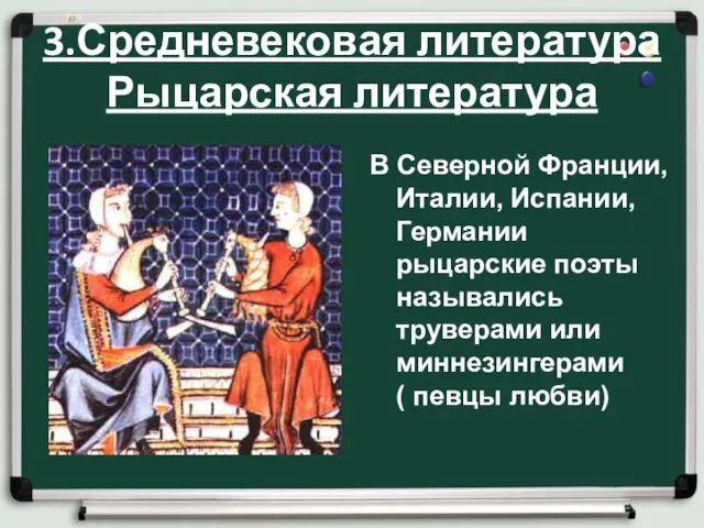 3.Средневековая литература Рыцарская литература В Северной Франции, Италии, Испании, Германии рыцарские