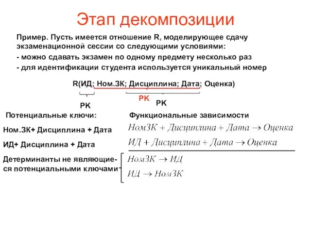 Этап декомпозиции Пример. Пусть имеется отношение R, моделирующее сдачу экзаменационной сессии